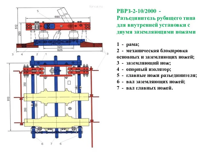 РВРЗ-2-10/2000 -Разъединитель рубящего типа для внутренней установки с двумя заземляющими ножами