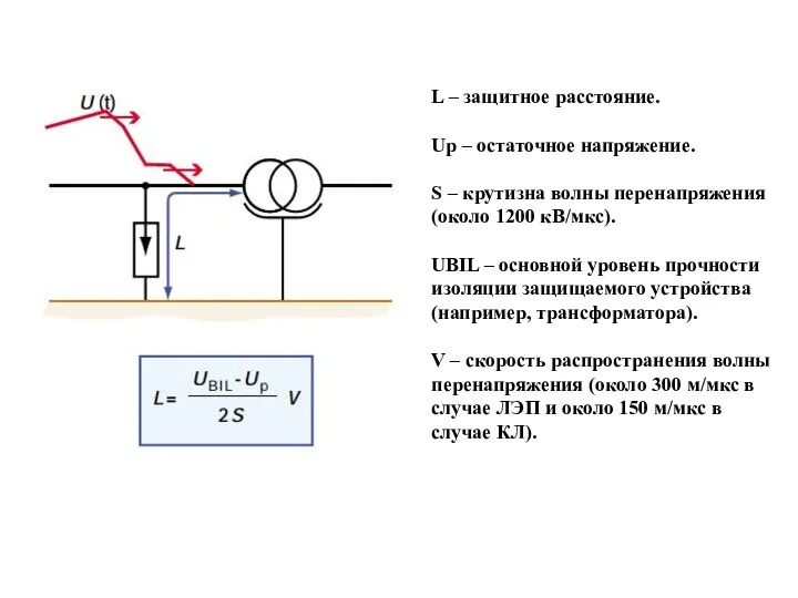 L – защитное расстояние. Up – остаточное напряжение. S – крутизна