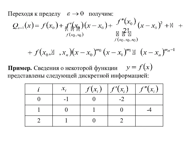 Переходя к пределу получим: Пример. Сведения о некоторой функции представлены следующей дискретной информацией: