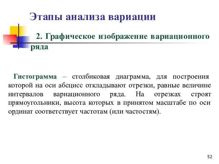 Этапы анализа вариации Гистограмма – столбиковая диаграмма, для построения которой на