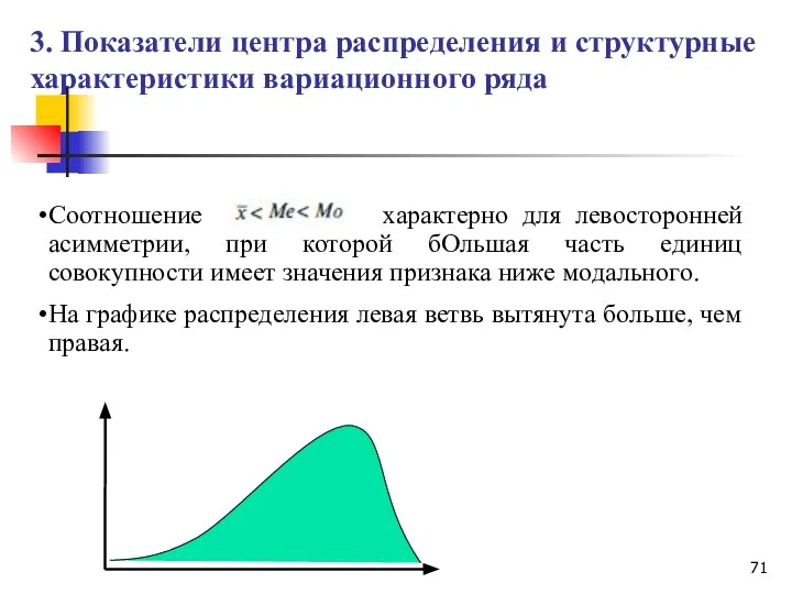 Соотношение характерно для левосторонней асимметрии, при которой бОльшая часть единиц совокупности