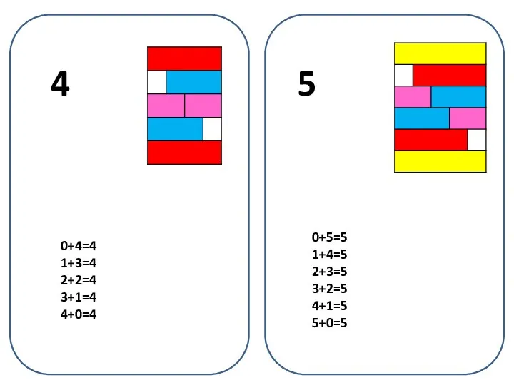 0+4=4 1+3=4 2+2=4 3+1=4 4+0=4 0+5=5 1+4=5 2+3=5 3+2=5 4+1=5 5+0=5 4 5