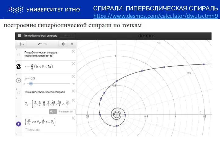 СПИРАЛИ: ГИПЕРБОЛИЧЕСКАЯ СПИРАЛЬ https://www.desmos.com/calculator/dwutsctmh9