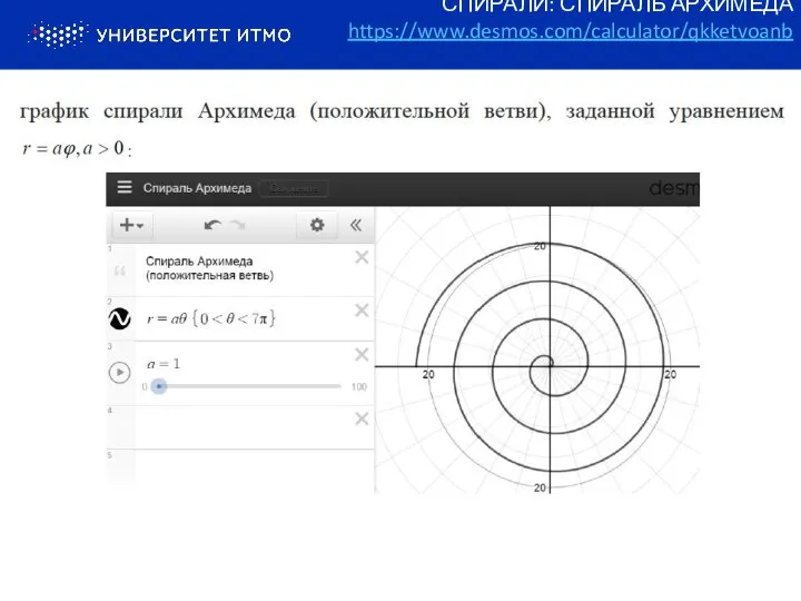 СПИРАЛИ: СПИРАЛЬ АРХИМЕДА https://www.desmos.com/calculator/qkketvoanb