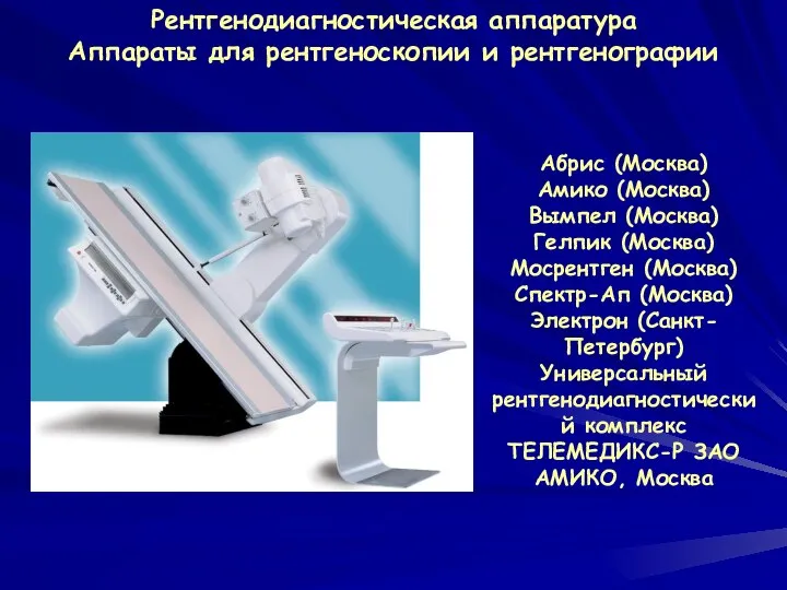 Рентгенодиагностическая аппаратура Аппараты для рентгеноскопии и рентгенографии Абрис (Москва) Амико (Москва)