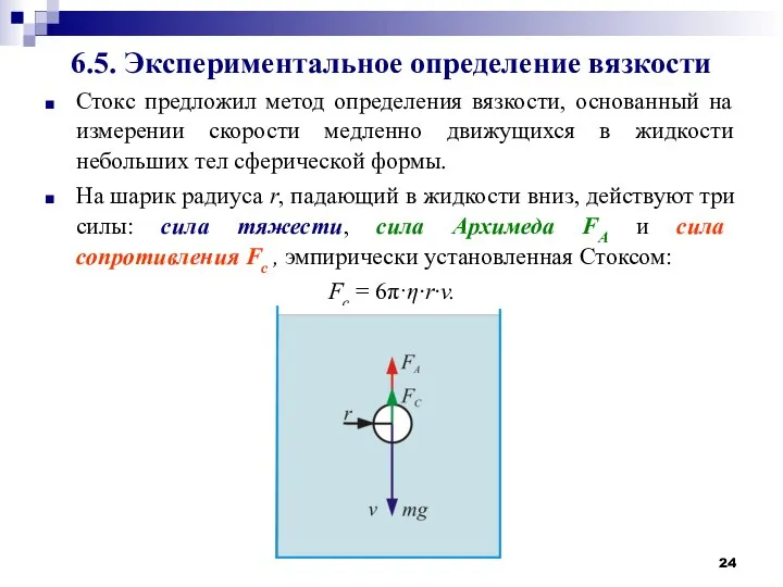 6.5. Экспериментальное определение вязкости Стокс предложил метод определения вязкости, основанный на