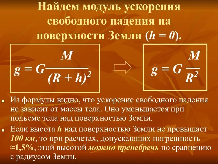 Найдем модуль ускорения свободного падения на поверхности Земли (h = 0).