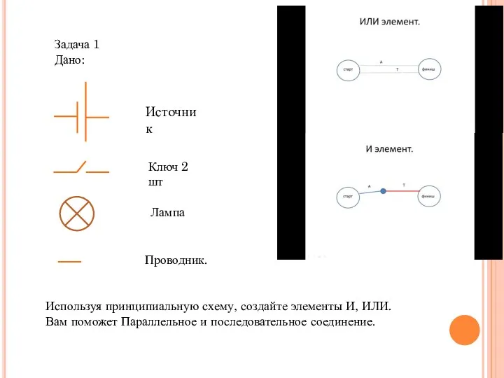 Задача 1 Дано: Источник Ключ 2 шт Лампа Проводник. Используя принципиальную