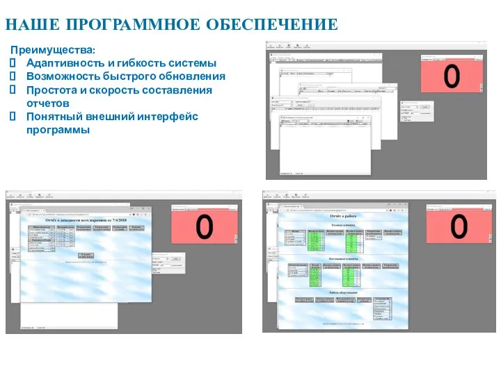 НАШЕ ПРОГРАММНОЕ ОБЕСПЕЧЕНИЕ Преимущества: Адаптивность и гибкость системы Возможность быстрого обновления