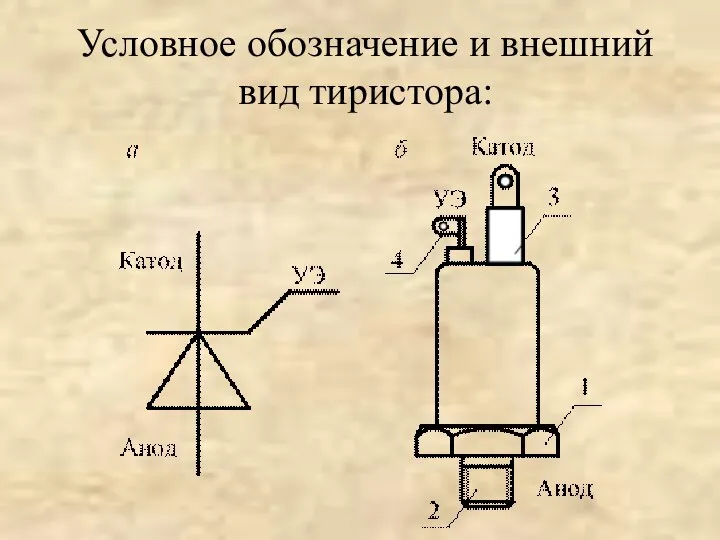 Условное обозначение и внешний вид тиристора: