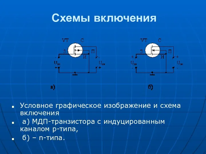 Схемы включения Условное графическое изображение и схема включения а) МДП-транзистора с