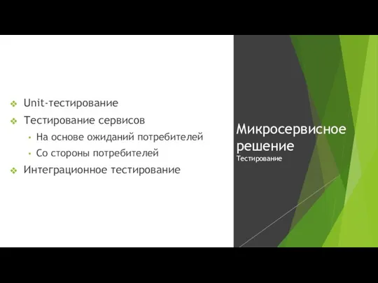 Unit-тестирование Тестирование сервисов На основе ожиданий потребителей Со стороны потребителей Интеграционное тестирование Микросервисное решение Тестирование