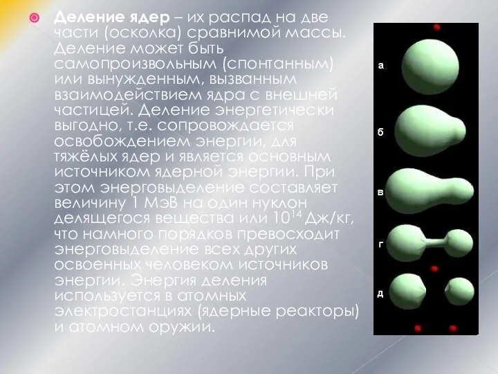 Деление ядер – их распад на две части (осколка) сравнимой массы.