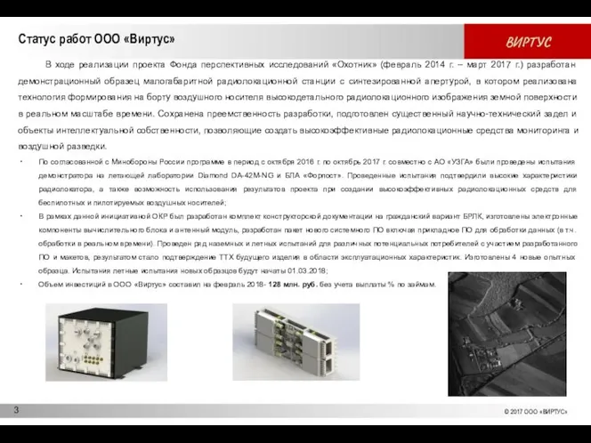 Статус работ ООО «Виртус» В ходе реализации проекта Фонда перспективных исследований