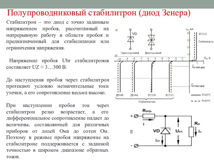 Полупроводниковый стабилитрон (диод Зенера) Стабилитрон – это диод с точно заданным