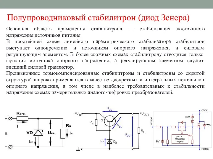 Полупроводниковый стабилитрон (диод Зенера) Основная область применения стабилитрона — стабилизация постоянного