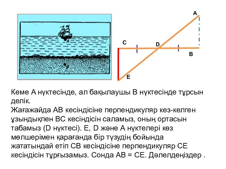 Кеме A нүктесінде, ал бақылаушы B нүктесінде тұрсын делік. Жағажайда AB