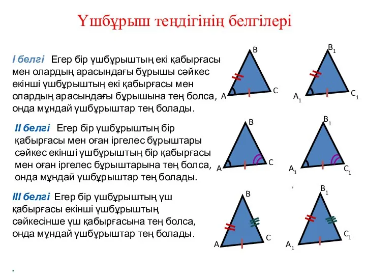 І белгі Егер бір үшбұрыштың екі қабырғасы мен олардың арасындағы бұрышы