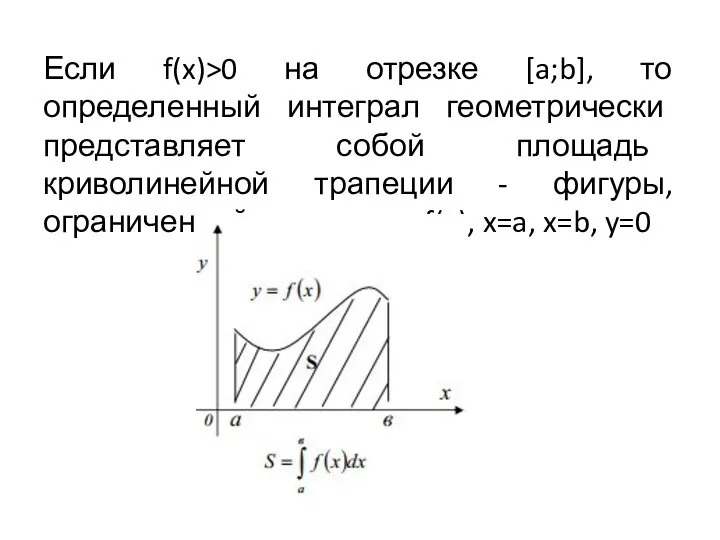 Если f(x)>0 на отрезке [a;b], то определенный интеграл геометрически представляет собой