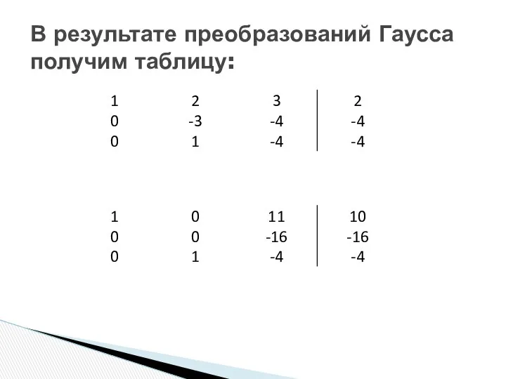 В результате преобразований Гаусса получим таблицу: