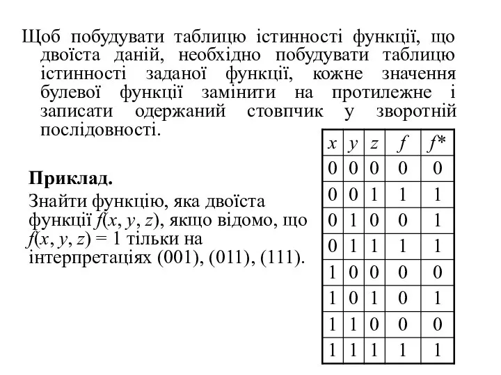 Щоб побудувати таблицю істинності функції, що двоїста даній, необхідно побудувати таблицю