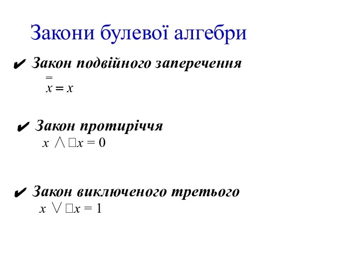 Закони булевої алгебри Закон подвійного заперечення Закон протиріччя х ∧х =