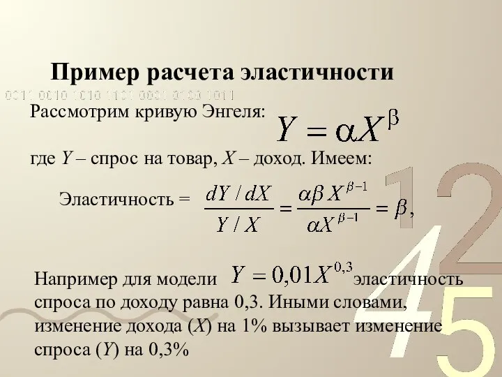 Пример расчета эластичности Рассмотрим кривую Энгеля: где Y – спрос на