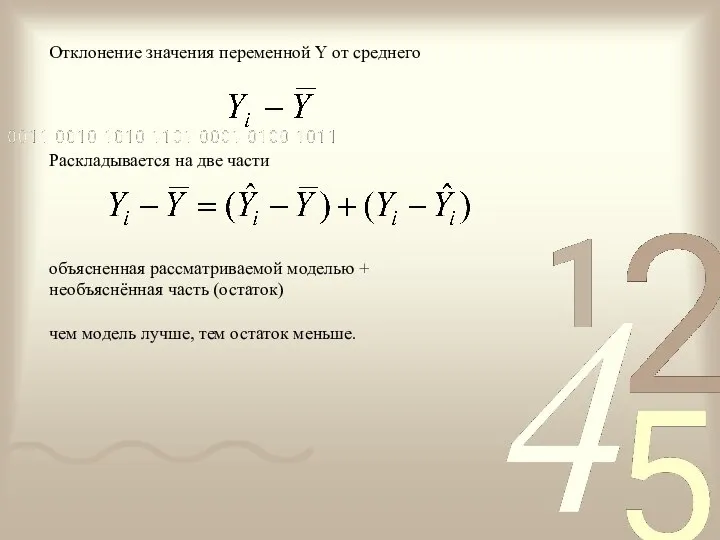 Отклонение значения переменной Y от среднего Раскладывается на две части объясненная