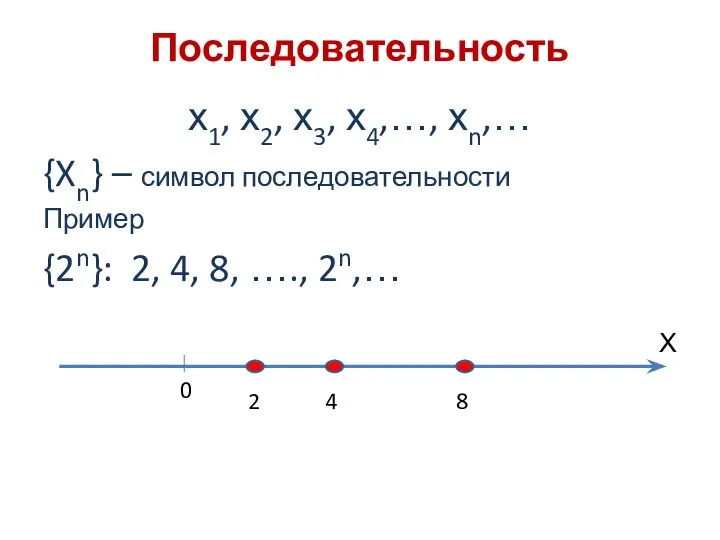 Последовательность х1, х2, х3, х4,…, хn,… {Xn} – символ последовательности Пример