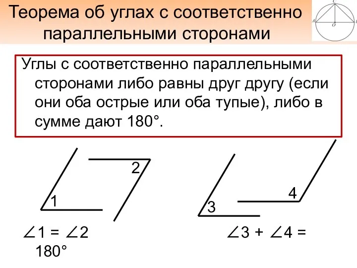 Теорема об углах с соответственно параллельными сторонами Углы с соответственно параллельными