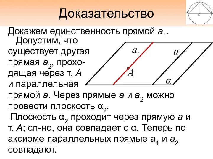 Доказательство Докажем единственность прямой а1. Допустим, что существует другая прямая а2,