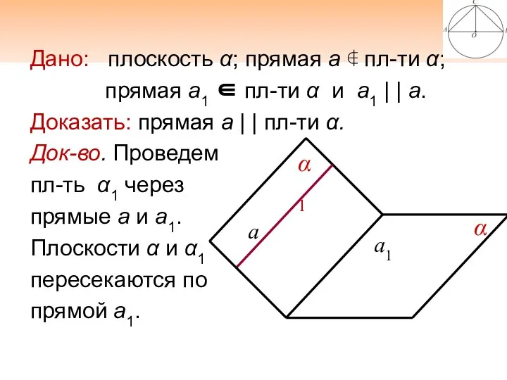 Дано: плоскость α; прямая а ∉ пл-ти α; прямая а1 ∈