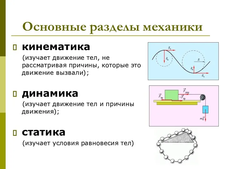 Основные разделы механики кинематика (изучает движение тел, не рассматривая причины, которые