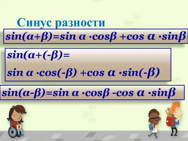 Синус разности sin(α+β)=sin α ·cosβ +cos α ·sinβ sin(α+(-β)= sin α