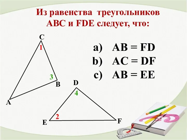 Из равенства треугольников АВС и FDE следует, что: А В С