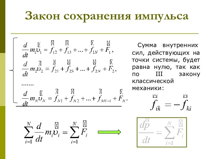 Закон сохранения импульса Сумма внутренних сил, действующих на точки системы, будет