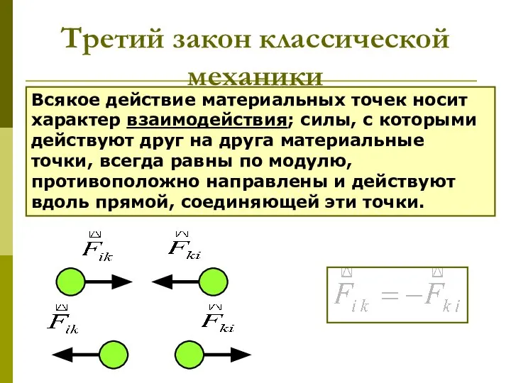 Третий закон классической механики Всякое действие материальных точек носит характер взаимодействия;