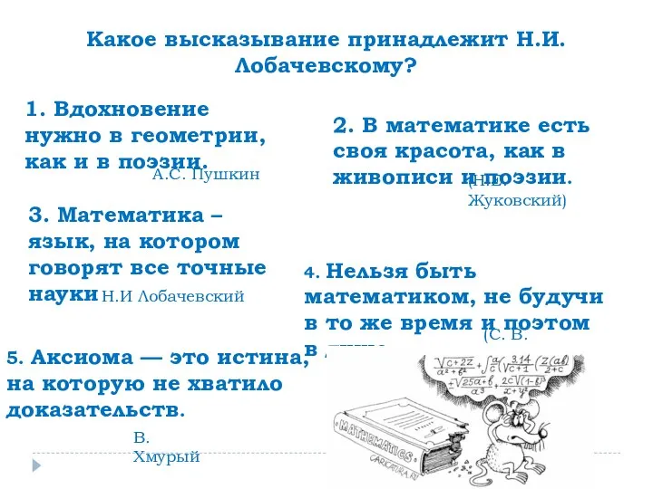 1. Вдохновение нужно в геометрии, как и в поэзии. 3. Математика