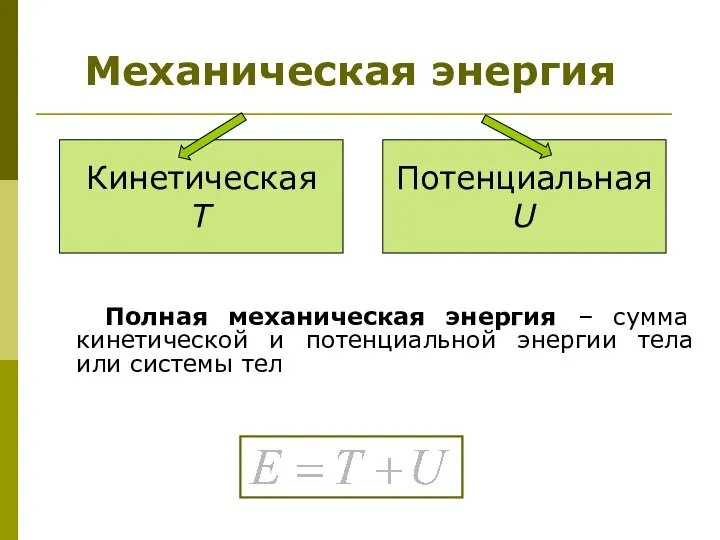 Полная механическая энергия – сумма кинетической и потенциальной энергии тела или