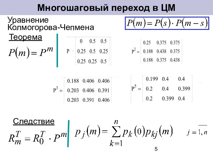 Многошаговый переход в ЦМ Теорема Уравнение Колмогорова-Чепмена Следствие