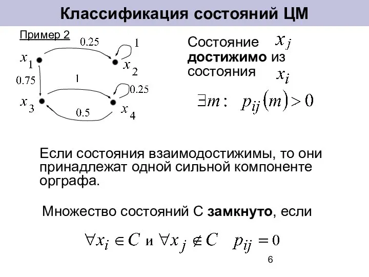 Классификация состояний ЦМ Состояние достижимо из состояния Если состояния взаимодостижимы, то