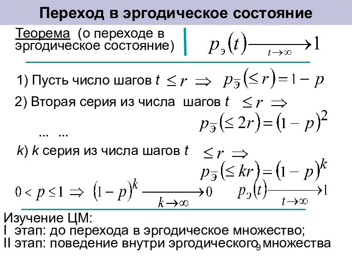 Переход в эргодическое состояние Теорема (о переходе в эргодическое состояние) 1)