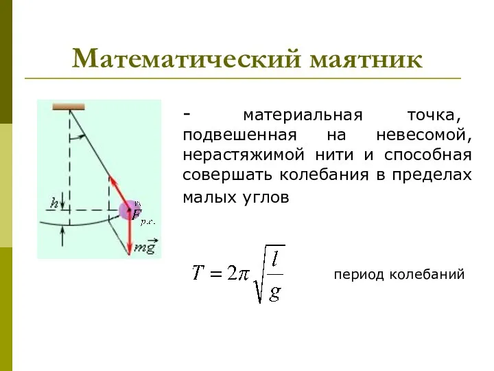 Математический маятник - материальная точка, подвешенная на невесомой, нерастяжимой нити и