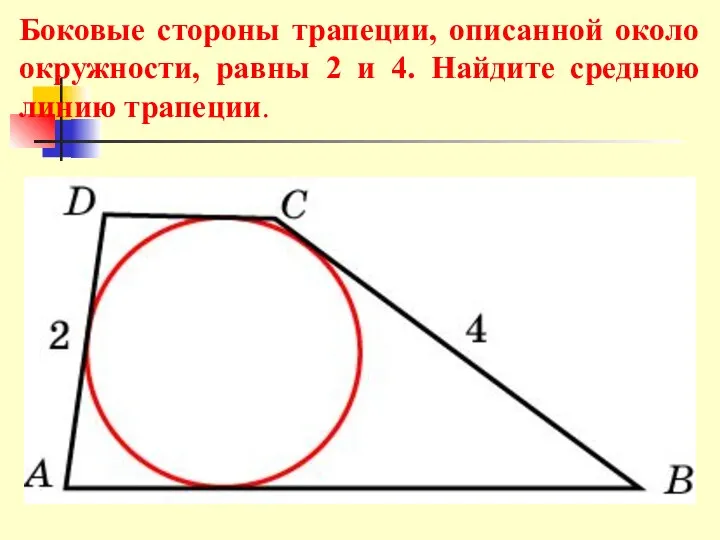 Боковые стороны трапеции, описанной около окружности, равны 2 и 4. Найдите среднюю линию трапеции.