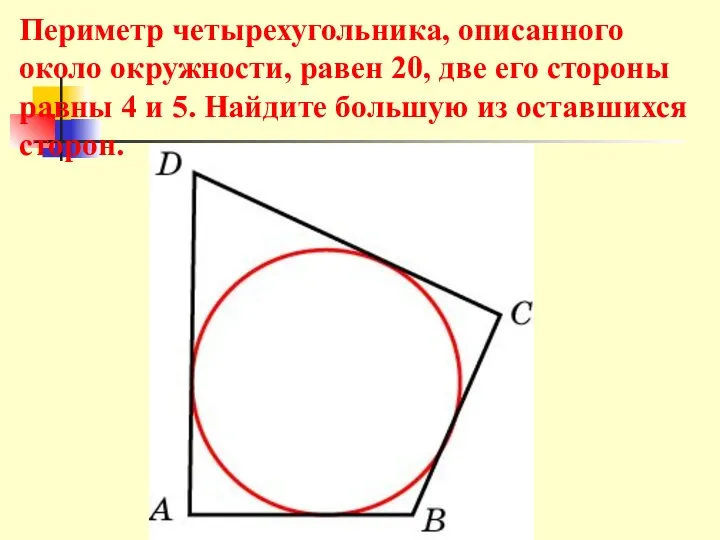 Периметр четырехугольника, описанного около окружности, равен 20, две его стороны равны