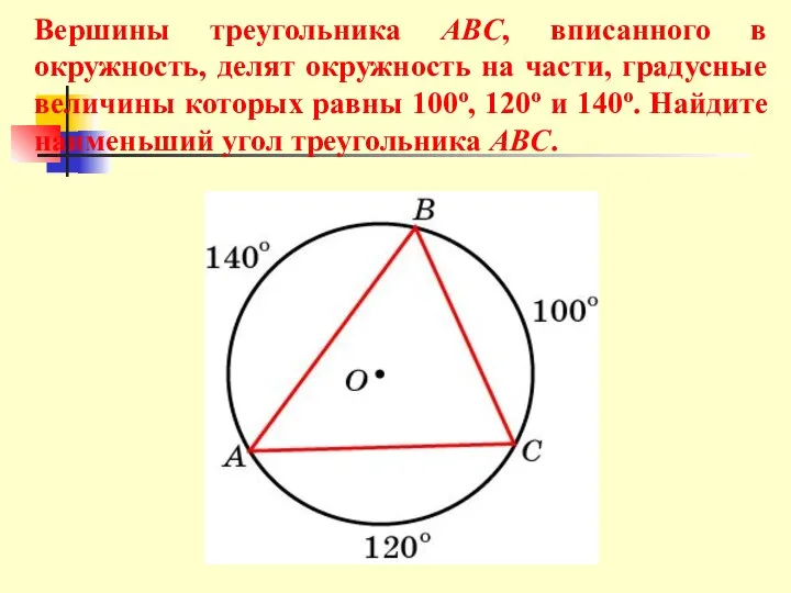 Вершины треугольника ABC, вписанного в окружность, делят окружность на части, градусные