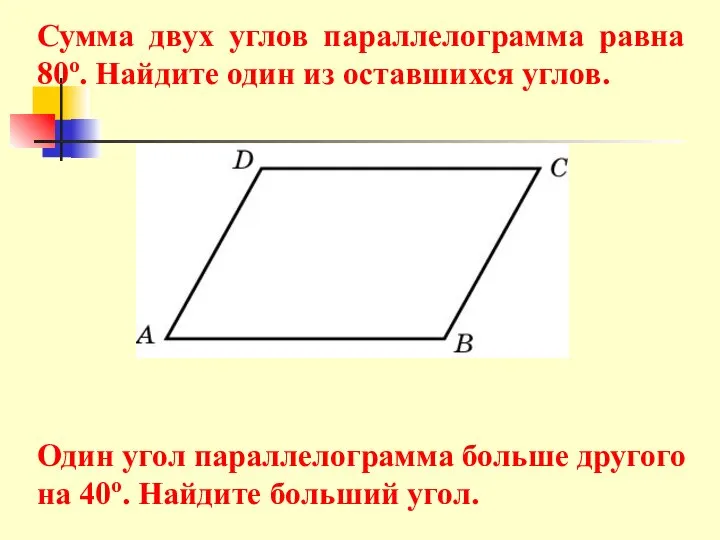 Сумма двух углов параллелограмма равна 80о. Найдите один из оставшихся углов.