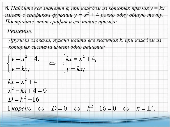 8. Найдите все значения k, при каждом из которых прямая y