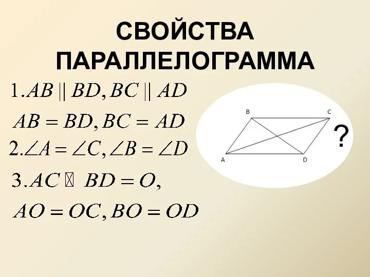 СВОЙСТВА ПАРАЛЛЕЛОГРАММА ?