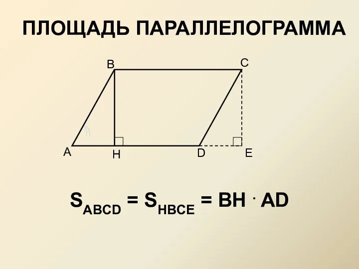 А В С D Н Е SABCD = SHBCE = BH . AD ПЛОЩАДЬ ПАРАЛЛЕЛОГРАММА